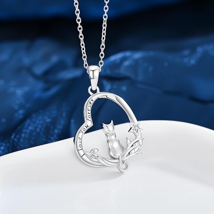 Cat Necklace S925 Sterling Silver Pendant Necklaces for Women Cat Jewelry Mothers Day Christmas Gift for Mother Daughter and Friends