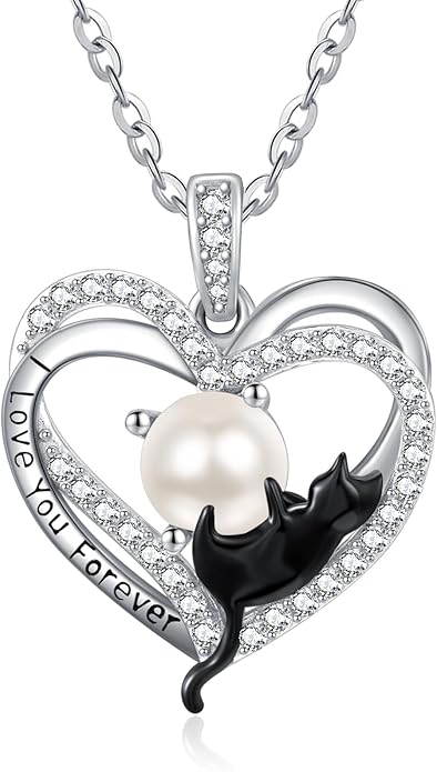 Birthstone Cat Necklaces,925 Sterling Silver Cat Necklace Heart Pendant for Women,Dainty Animal Jewelry for Her,Wedding Anniversary Birthday Gifts for Women Mom Grandma