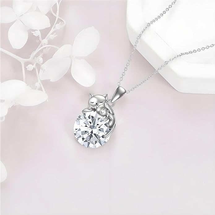 Cat Necklace Sterling Silver Cat Pendnat with Rose Quartz Pearl Jewelry Gifts for Women Cat Lovers