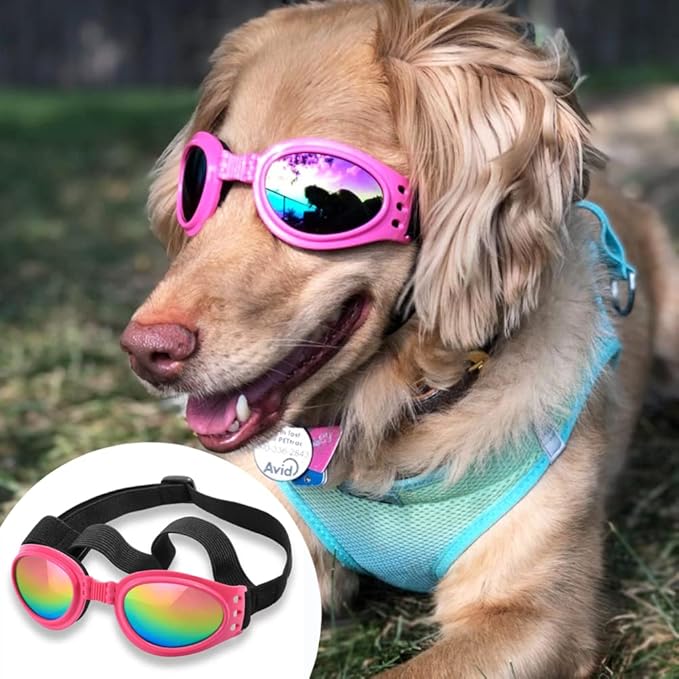 QUMY Dog Sunglasses Dog Goggles for Medium Large Breed Dogs, Wind Dust Fog Protection Eye Wear Pet Glasses with Adjustable Strap for Motorcycle Car Driving Bike Riding Hiking Swimming Over 15lbs Pink