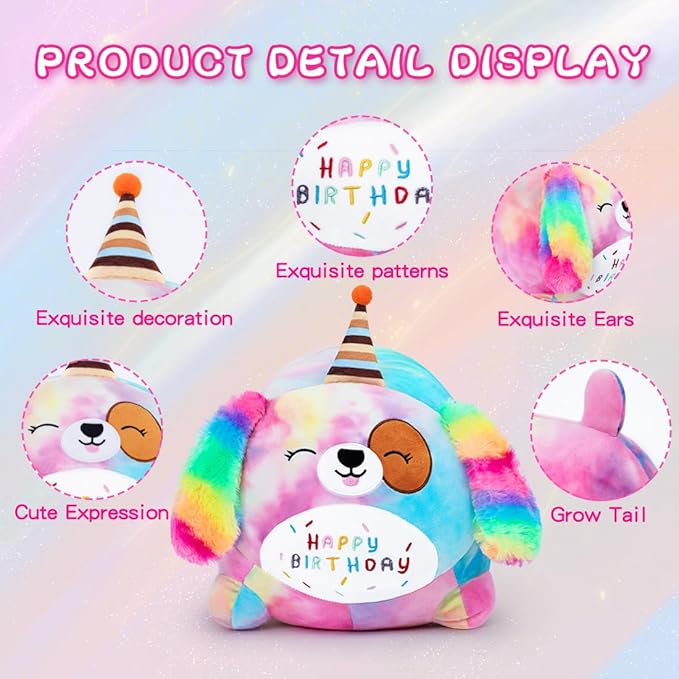 Happy Birthday Plush Toy, Cute Birthday Puppy Stuffed Animal, Colorful Dog Plush Pillow for Girls & Kids (40cm/15.7inch)