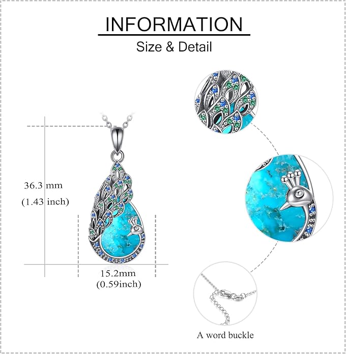 Sterling Silver Blue Opal Turquoise Peacock Pendant Necklace - Peacock Jewelry Gifts for Women