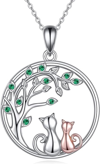 Celtic Moon Black Cat Necklace for Women - Abalone Tree of Life Sterling Silver Cat Lovers Jewelry