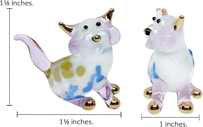 Tiny 1½" White Pink Yellow Blue Sitting Look Right Cat Figurine Miniature Hand Blown Glass Cats Kitten Feline Animals Cute Crystal Decorative Collectible Figurines Décor Gifts