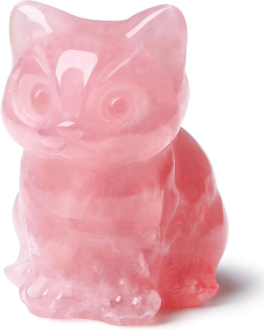 DUQGUHO Rose Quartz Cat Crystal Figurines - Lucky Cute Cat Statue for Room Desk Pink Decor Gifts 1PC