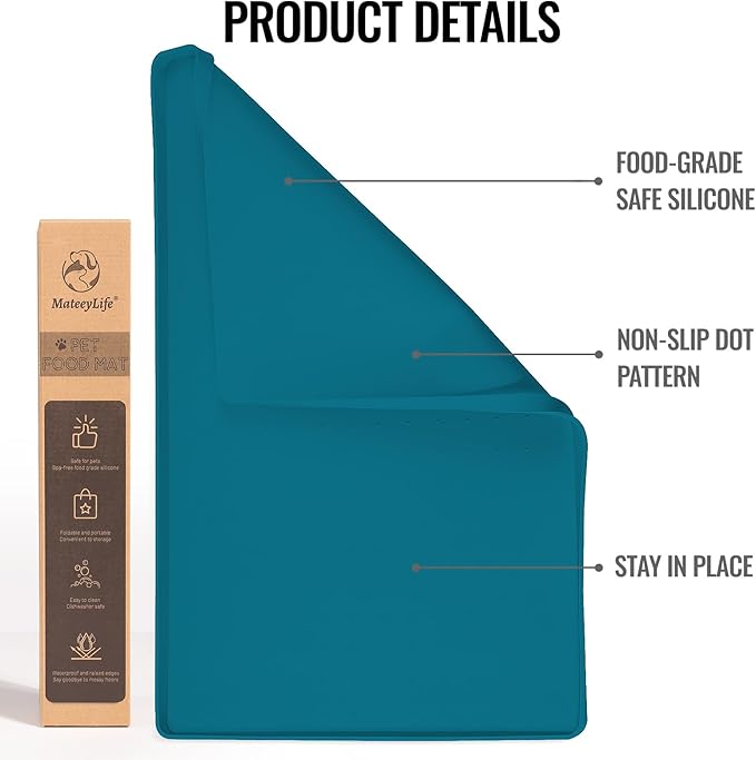 MateeyLife Dog & Cat Food Water Mat for Floors Waterproof, Nonslip Pets Bowl Feeding Mats with Raised Edges, Silicone Matt Tray for Messy Drinkers, 18"x12", Teal