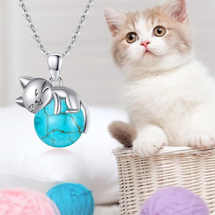 Natural Gemstone Cat Necklace for Women 925 Sterling Silver Cute Kitten Pendant with Genuine Turquoise/Rose Quartz/Amethyst/Larimar/Labradorite/Moss Agate/Blue Sandstone Jewelry Gifts