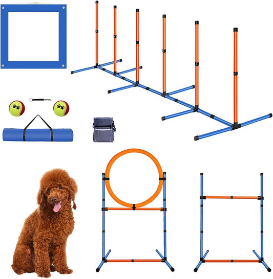 PLKO Dog Agility Equipment Set,Pets Agility Training Equipment,Weave Poles, Adjustable Hurdle, Jump Ring, Pause Box and Storage Bag