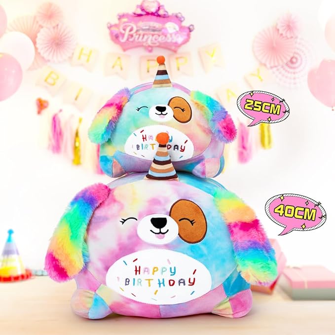 Happy Birthday Plush Toy, Cute Birthday Puppy Stuffed Animal, Colorful Dog Plush Pillow for Girls & Kids (40cm/15.7inch)