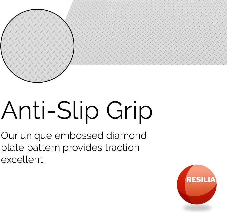 RESILIA Heavy Duty Garage Floor Runner & Protector Mat - Slip Resistant Diamond Plate PVC Mats - Water, Spill, & Stain Resistant, Silver (4 feet x 15 feet), Made in The USA