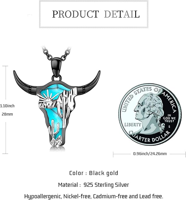 Midir&Etain Western Necklace 925 Sterling Silver Turquoise Pendant Cow Skull/Hat/Tag/Cactus Cowgirl Country Jewelry for Women Men