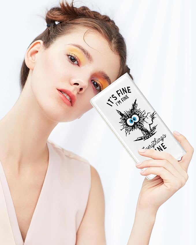 Nipichsha Womens Wallet, RFID Slim Wallets for Women, Thin Ladies Credit Card Holder Purse, Cute Leather Bifold Clutch Billfold with 11 Card Slots & ID Window, Fine Cat