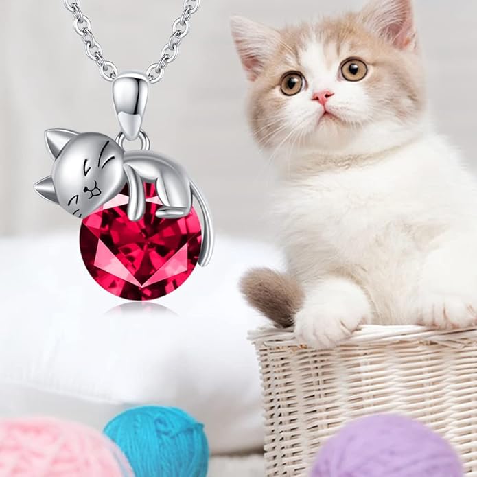 LONAGO Cat Necklace with Birthstone 925 Sterling Silver Cat Pendant Necklace Gift for Women