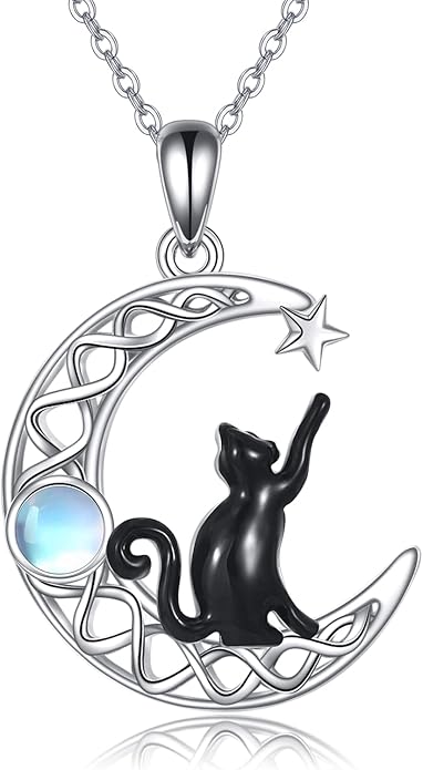 CRMAD Black Cat Necklace for Women Sterling Silver Moonstone Cat Jewelry Irish Gifts