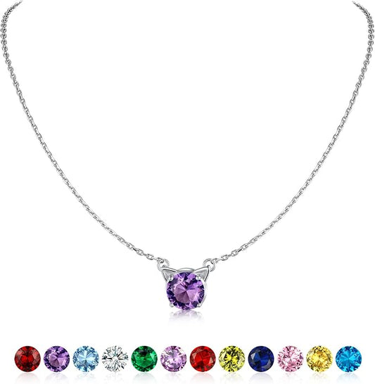 SILVERCUTE Sterling Silver Birthstone Necklace for Women,Dainty Silver Pendant Necklace with Round Cubic Zirconia,16"-18"
