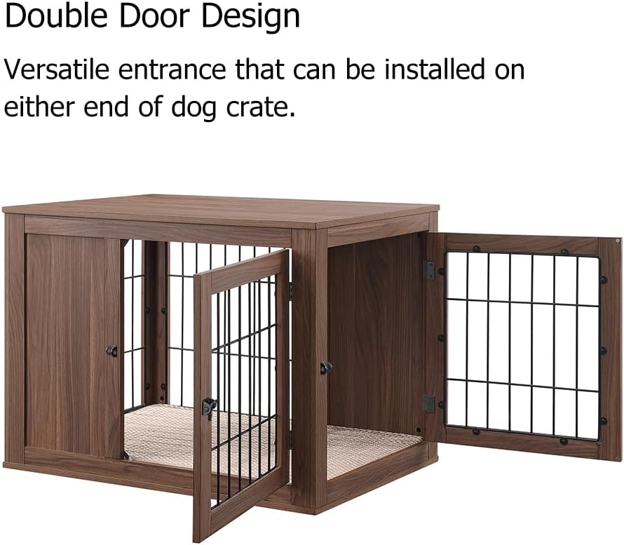 unipaws 36 Inch Furniture Style Dog Crate End Table with Cushion, Wooden Wire Pet Kennels with Double Doors, Medium Dog House Indoor Use (Walnut, Medium)