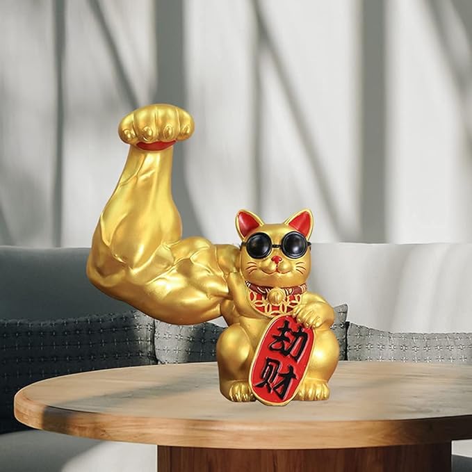 Muscle Arm Cat Figurine Lucky Cat Statue Wealth Good Luck Statue Feng Shui Office Decoration for Home Hotel Ornament - Golden Robbery