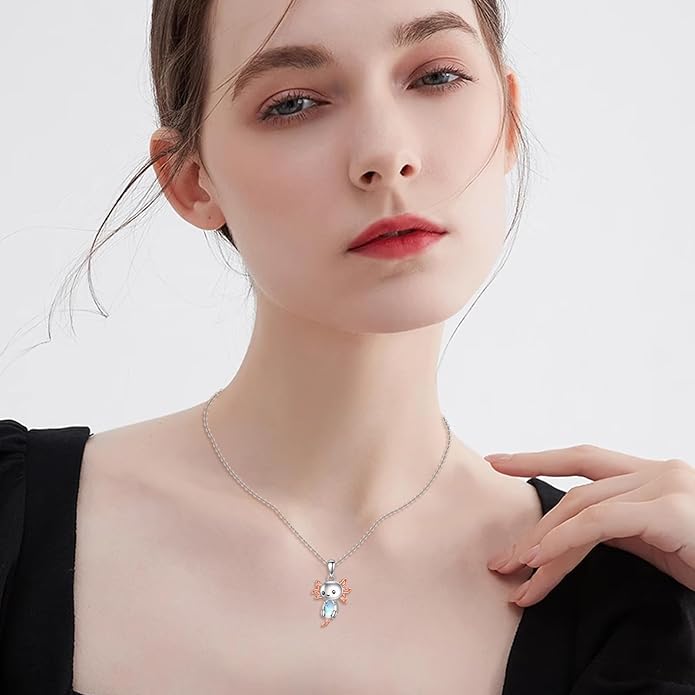 LUHE Axolotl/Cat/Fox Necklace for Women Sterling Silver Axolotl/Cat/Fox Jewelry Moonstone Pendant Necklace Gifts for Women