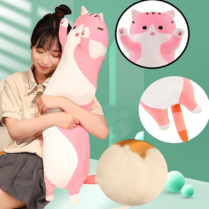 Pink Cat Long Plush Pillow Kitty Stuffed Animals Soft Sleeping Throw Pillow Doll Toy (Pink,27inches)