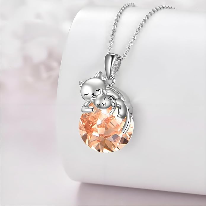 Cat Necklace Sterling Silver Cat Pendnat with Rose Quartz Pearl Jewelry Gifts for Women Cat Lovers