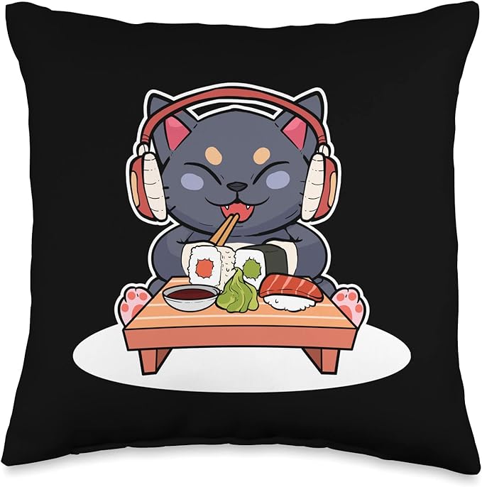 Cute Sushi Cat Anime Figure Japanese Culture Ramen Manga Art Throw Pillow