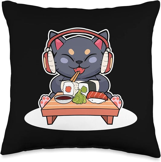 Cute Sushi Cat Anime Figure Japanese Culture Ramen Manga Art Throw Pillow