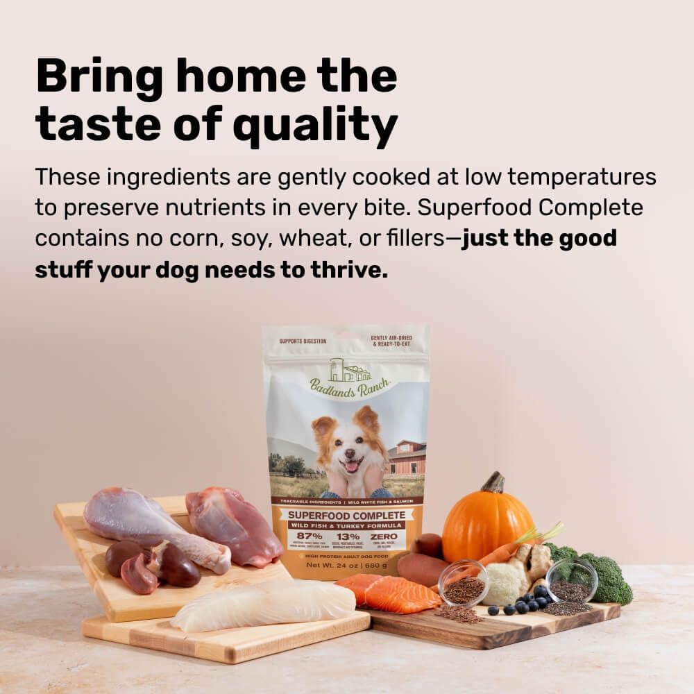BADLANDS RANCH by Katherine Heigl- Superfood Complete, Air-Dried Adult Dog Food - High Protein, Zero Fillers, Superfood Nutrition (24 Ounce (Pack of 4), Fish & Turkey)