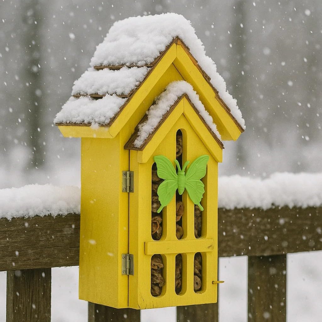 Shingle Roof Butterfly House for Outdoor, Insect House, Vintage Style Cedar Wood Bee House for Garden Outside, Open Door for Easy Cleaning Conservation.Shelter Hotel with Hooks for Hanging (Yellow)