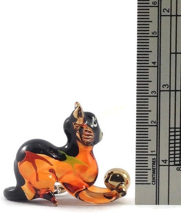 Tiny 2¼" Black Brown Crouching Play Ball Cat Figurine Miniature Hand Blown Painted Glass Cats Kitten Feline Animals Cute Crystal Decorative Collectible Figurines Décor Gifts