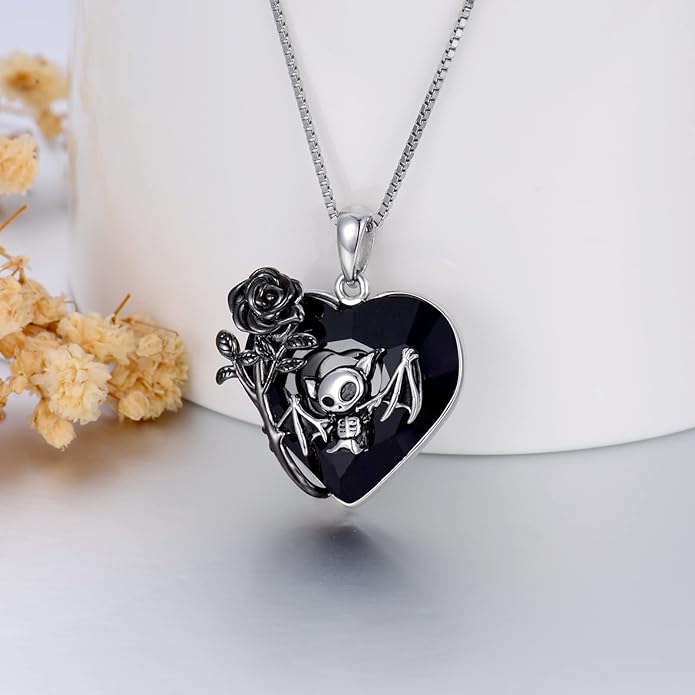 Gothic Jewelry Bat/Cat/Wolf/Dragon/Owl/Fox/Spider/Sun Pendant Sterling Silver Crescent Moon Necklace for Women Girls Black Jewelry Gifts