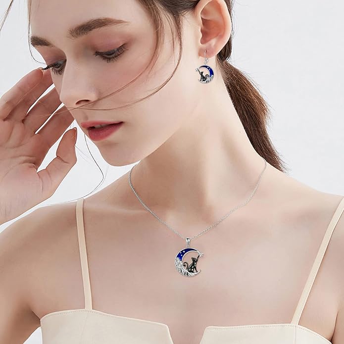 925 Sterling Silver Moon Black Cat Necklace for Women - Tree of Life Jewelry with Abalone Stone - Cat Lover Birthday Gift