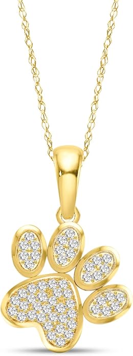 Diamond2Deal 10K Solid Gold Diamond Dog Paw Print Pendant Rope Chain Necklace 18inch (1/8Ct/ I2,H-I)