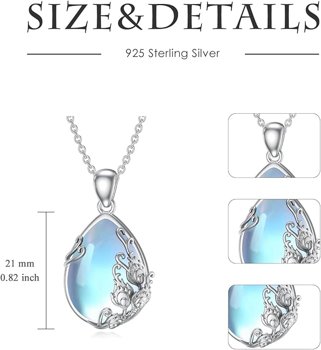 CRMAD Daisy/Black Cat/Dragonfly/Daffodil/Hummingbird/Stingray/Phoenix Feather/Rose Necklace Sterling Silver Moonstone Teardrop Pendant Necklace Flower Animal Jewelry Gifts for Women