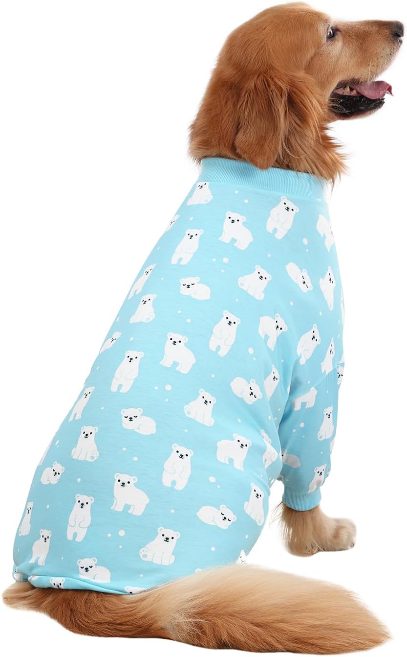HDE Dog Pajamas One Piece Jammies Jumpsuit Pet Clothes Outfit Stretchy Lightweight Comfy Shirt Pjs for M-3XL Dogs Sleepy Polar Bears - L