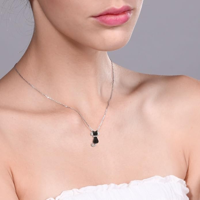 Gem Stone King 925 Sterling Silver Round Zirconia Sitting Black Cat Pendant Necklace For Women with 18 Inch Silver Chain
