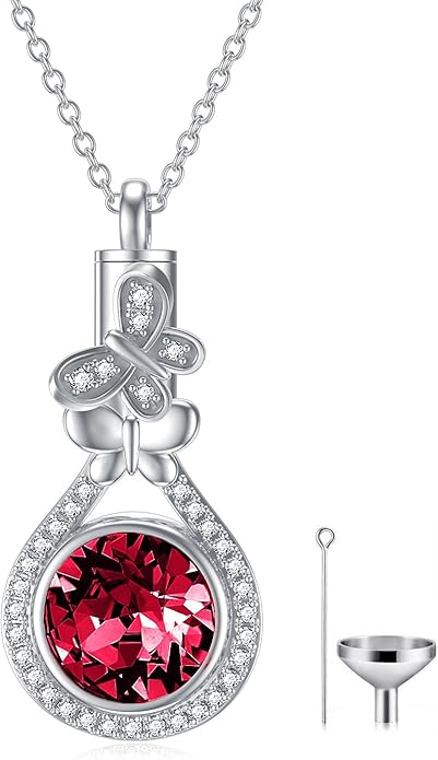 AOBOCO Butterfly Urn Necklace for Ashes 925 Sterling Silver Butterfly Cremation Jewelry Memorial Keepsake Pendant with 12 Months Birthstone Crystal from Austria