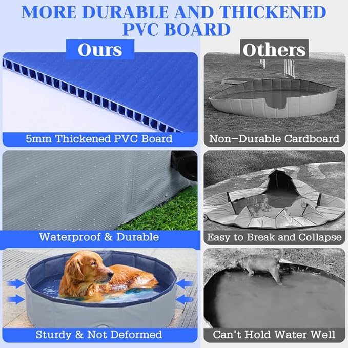 Foldable Dog Bath Swimming Pool 71'' Plastic Kiddie Pool Professional Tub Collapsible Grooming Bathtub for Pets Kids Baby and Toddler, 71 x 12 Inches Gray