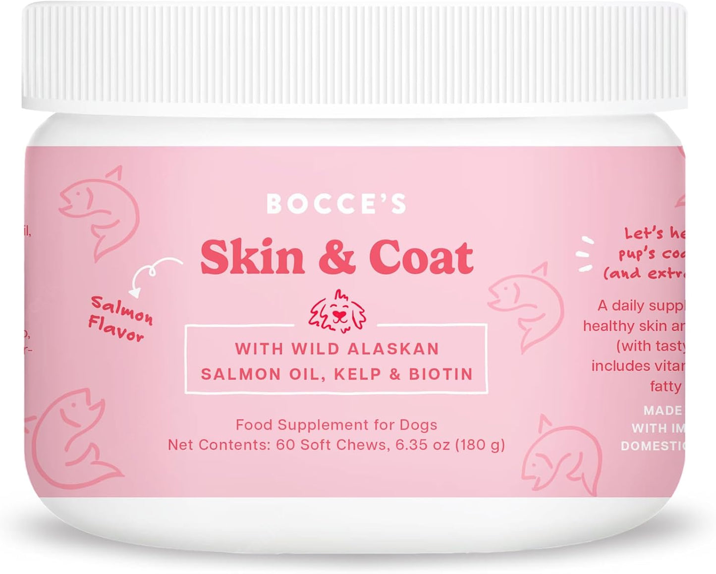 Bocce's Bakery Skin & Coat Supplement for Dogs, Daily Chews Made in The USA with Vitamin E & Essential Fatty Acids, Supports Healthy Skin & Coat, Salmon, 60 ct, Red (DG-SP-SKIN60)