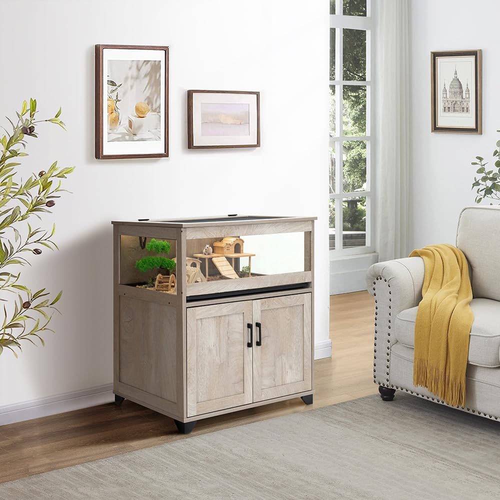 unipaws Hedgehog Cage with Storage Cabinet, Hamster Cage for Rat and Guinea Pigs, Clear Transparent PVC Visual Small Animal Cage with Tray, Hamster Enclosure, Grey