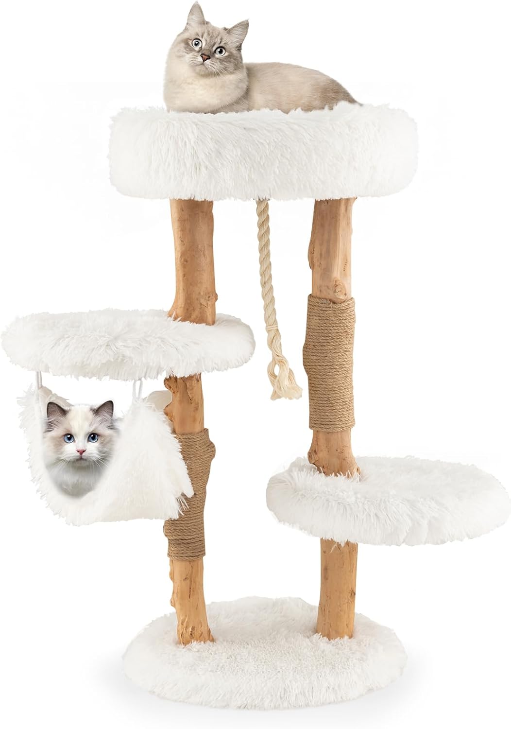 Tangkula Cat Tree Tower, Solid Wood Modern Cat Tower with Cozy Top Perch, 2 Platforms & 1 Hammock, Natural Branch Cute Cat Tree with Scratching Posts & Sisal Rope for Indoor Cats