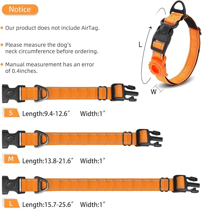 JSXD AirTag Dog Collar, Night Reflective Nylon Dog Collar for Small Medium Large Dogs,Lockable Quick Release Buckle,Padded Breathable Pet Collar with AirTag Holder (Orange, Medium)