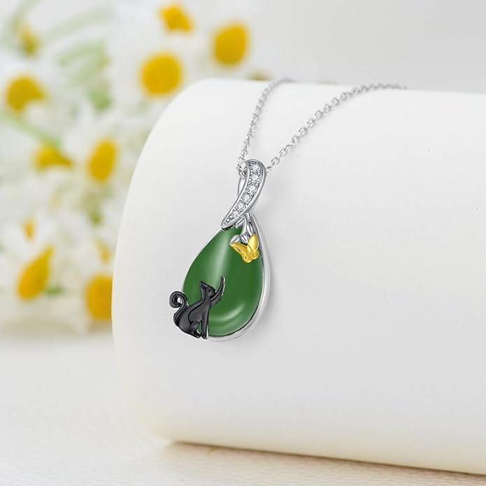 Green Jade Necklace Sterling Silver Teardrop Hummingbird/Dragonfly/Butterfly/Bee/Cat/Cardinal/Owl/Fox/Sloth Natural Jade Jewelry Birthday Mothers Day Christmas Gifts Women Mom Her