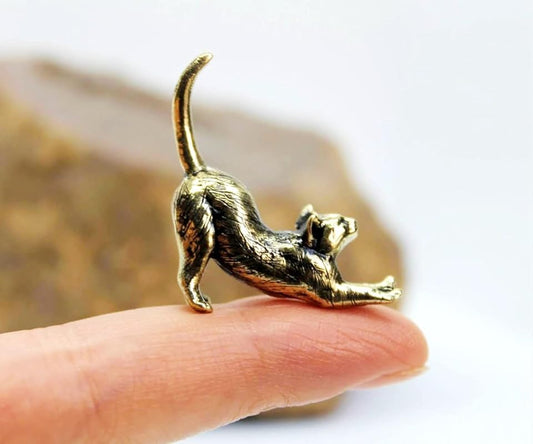 Stretching Cat Figurine Hand-Casted in Brass Small Kitten Miniature Collectible Gift for Cat Lovers Tiny Metal Decorative Trinket