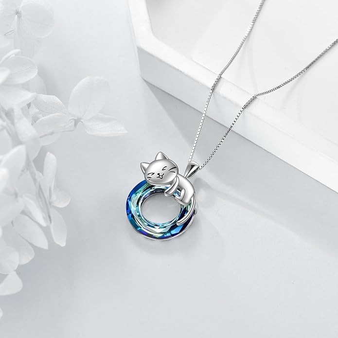 Cat Necklace Sterling Silver Cat Pendnat with Rose Quartz Pearl Jewelry Gifts for Women Cat Lovers