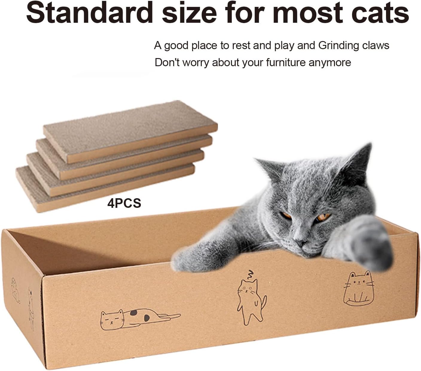 4 Packs in 1 Cat Scratch Pad with Box, Cat Scratcher Cardboard,Reversible,Durable Recyclable Cardboard, Suitable for Cats to Rest, Grind Claws and Play with Scratch Box