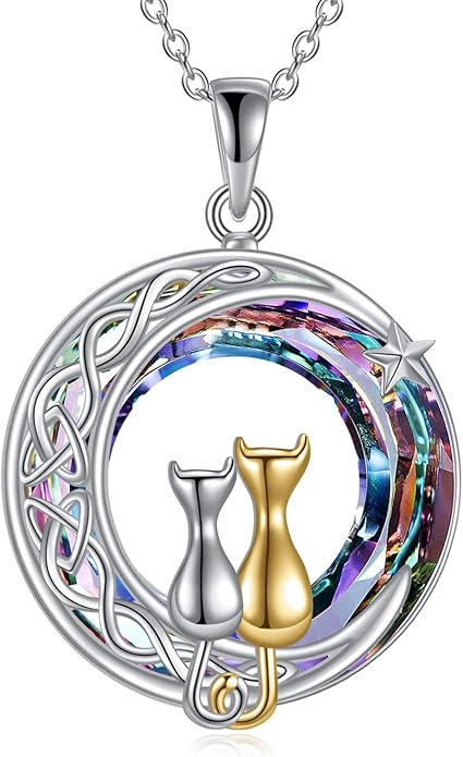 925 Sterling Silver Moon Black Cat Necklace for Women - Tree of Life Jewelry with Abalone Stone - Cat Lover Birthday Gift