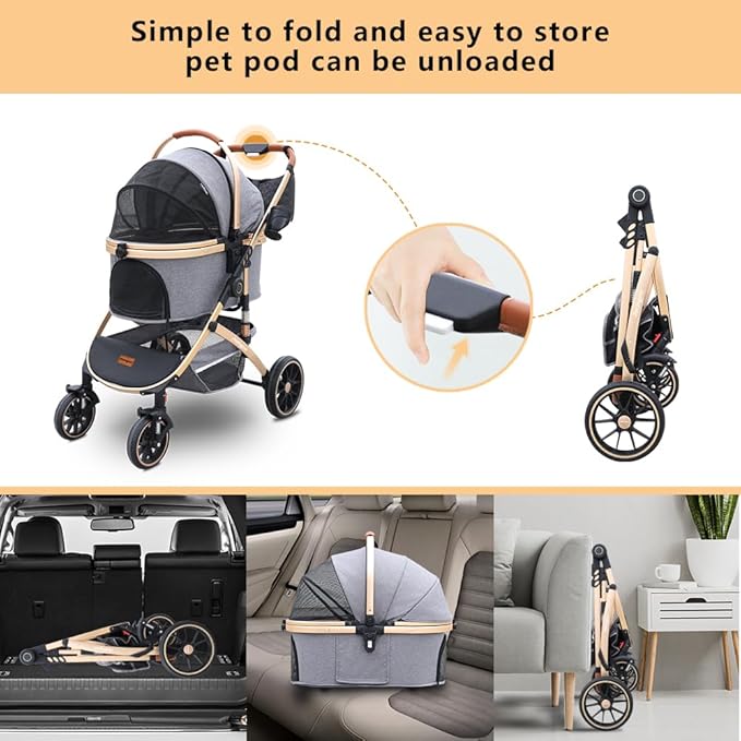 Pettingzoo Dog stroller with 4 Wheels, Folding Cat Stroller for Small/Medium/Large dogs & cats to 60 lbs, pet stroller with removable carrier, Storage BasketCup Holder,3 in1 Multifunctional Detachable