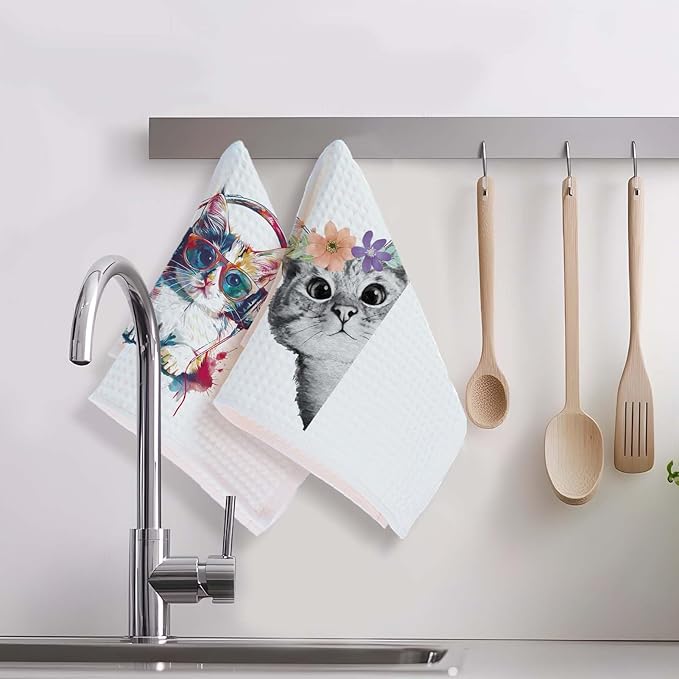 Cute Cat Kitchen Dish Towels Set of 2 Cats Decoration for Cat Lovers Cat Kitchen Accessories Cat Mom Gifts for Women Cute Towels Decorative Set for Kitchen & Bathroom 16×24 Inch