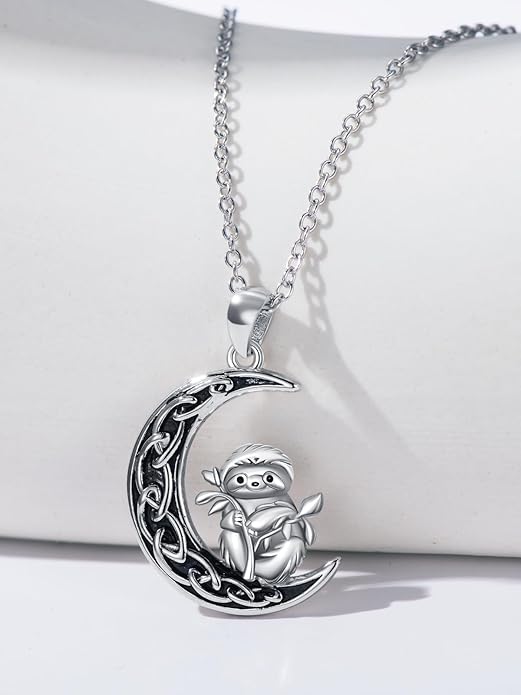 Fox/Cat/Axolotl/Sloth/Panda Necklace Crescent Moon Necklace 925 Sterling Silver Cute Animal Jewelry as Birthday Mothers Day Gifts for Women