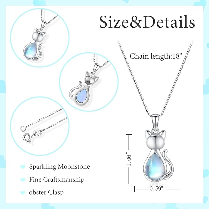 Odinstone Cat Birthstone Necklaces Jewelry Sterling Silver Cat Pendant Necklace Gift for Women Gifts, 18'' Silver Box Chain Women's Birthstone Crystal Cat Jewelry Gifts